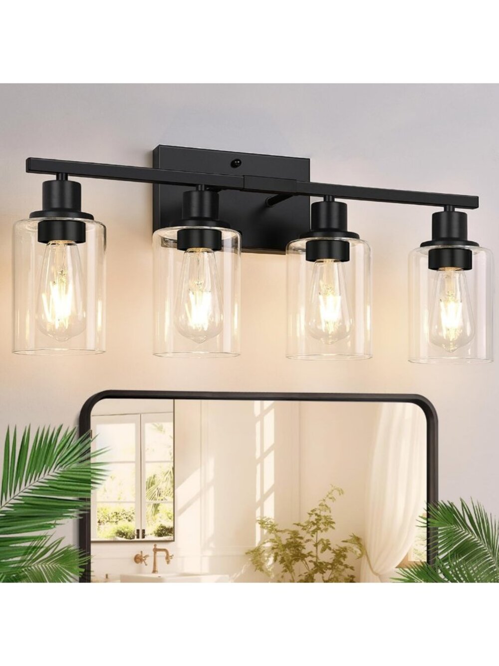 Modern Matte Black 4-Light Bathroom Vanity Fixture with Clear Glass Shades